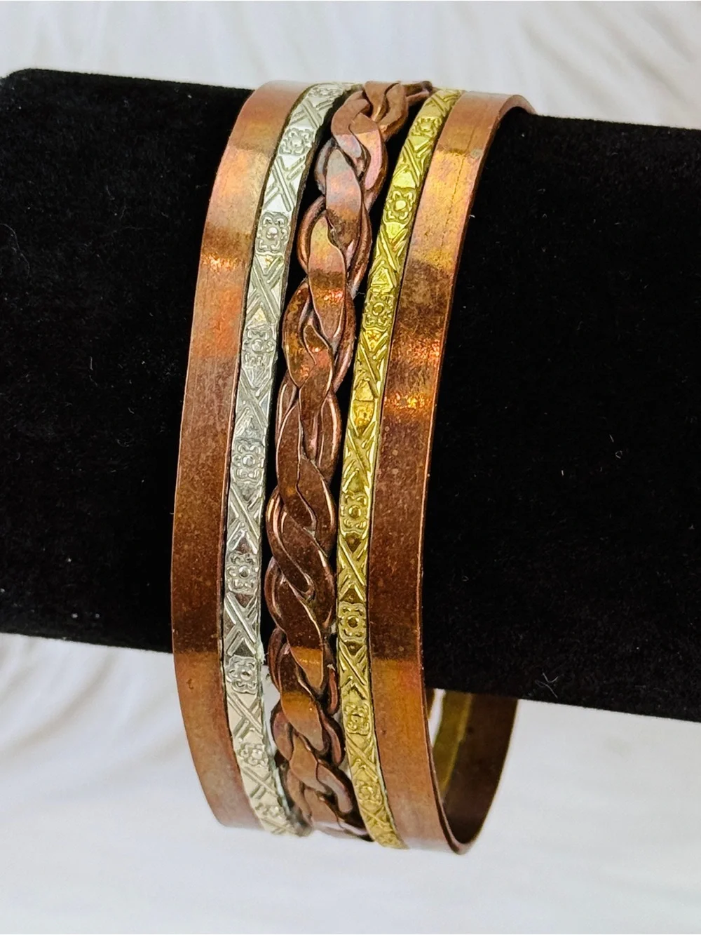 Vintage Mixed Metal Braided Copper Cuff Bracelet Boho Unisex Statement